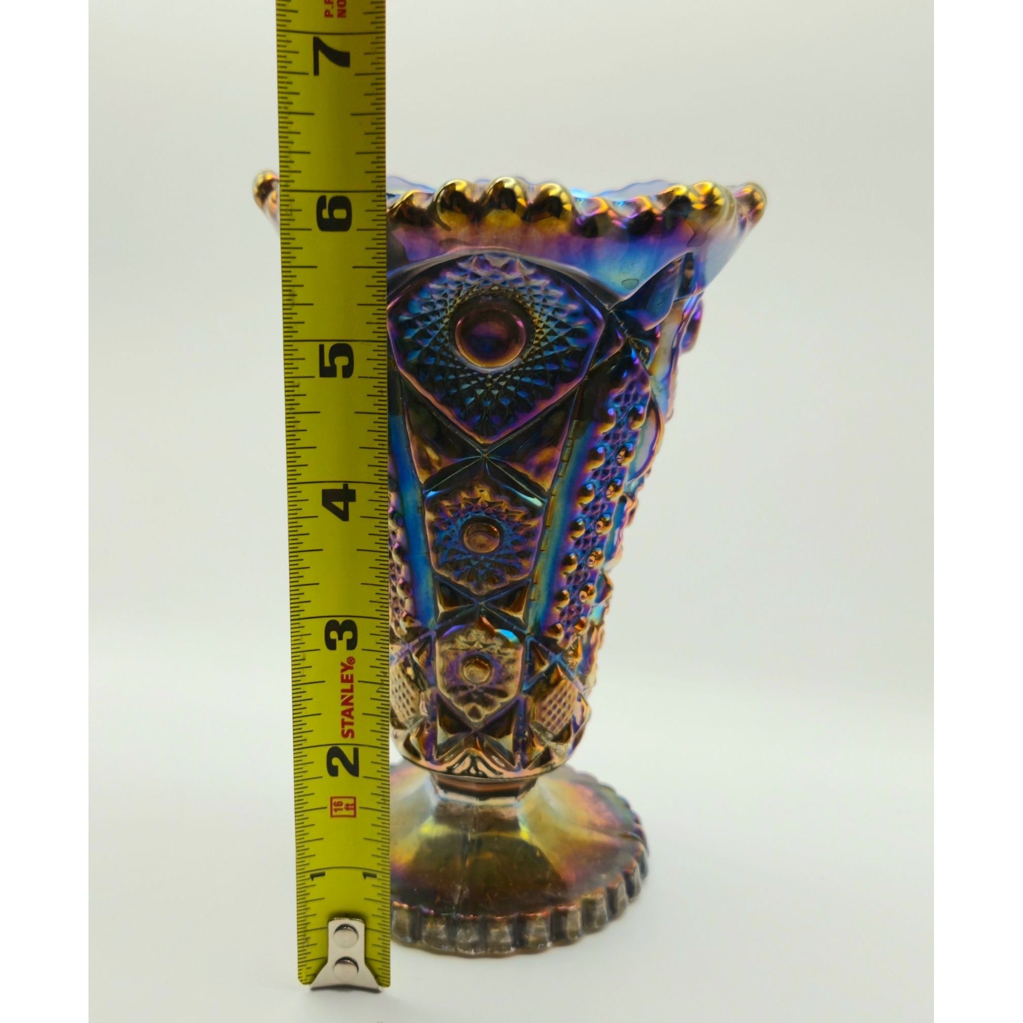 Imperial Glass Carnival Glass Electric Blue Purple Vase Sawtooth Rim & Intricate Designs