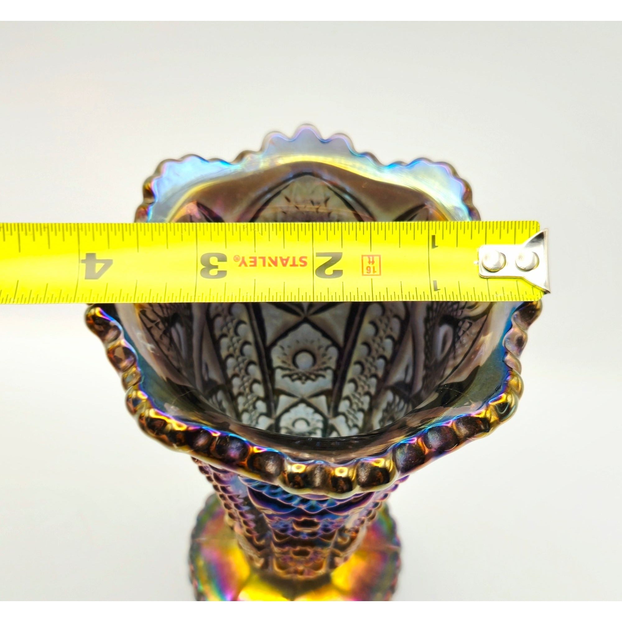 Imperial Glass Carnival Glass Electric Blue Purple Vase Sawtooth Rim & Intricate Designs