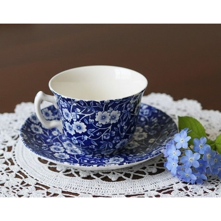 Calico Teacup Set Navy Blue & White Floral Cup & Saucer Set Staffordshire England