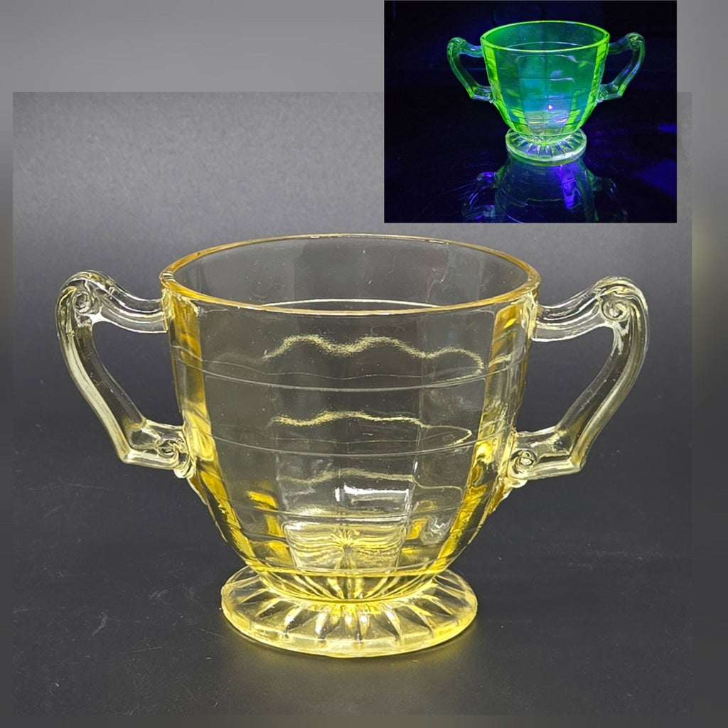 Federal Glass Cubist Vaseline Glass Open Bowl w/ 2 handles, GLOWS Uranium