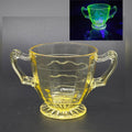 Federal Glass Cubist Vaseline Glass Open Bowl w/ 2 handles, GLOWS Uranium