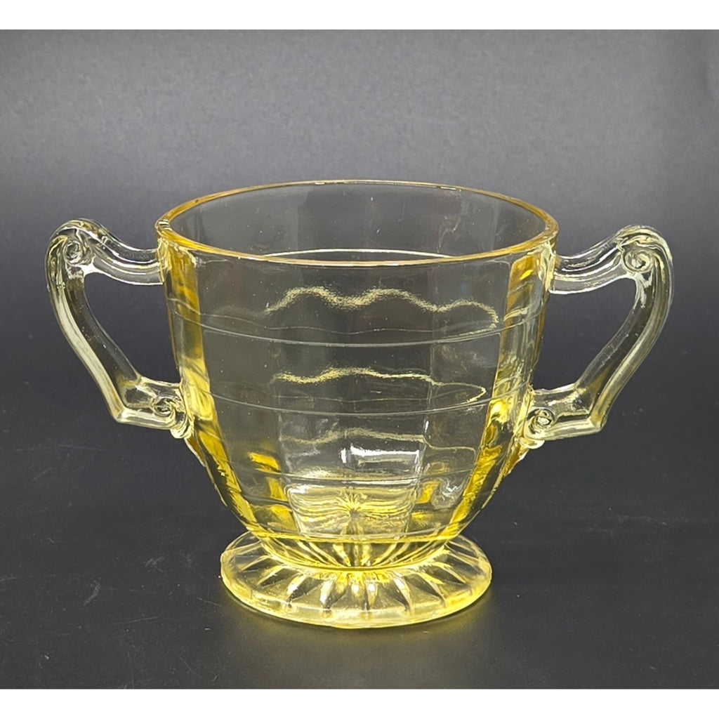 Federal Glass Cubist Vaseline Glass Open Bowl w/ 2 handles, GLOWS Uranium