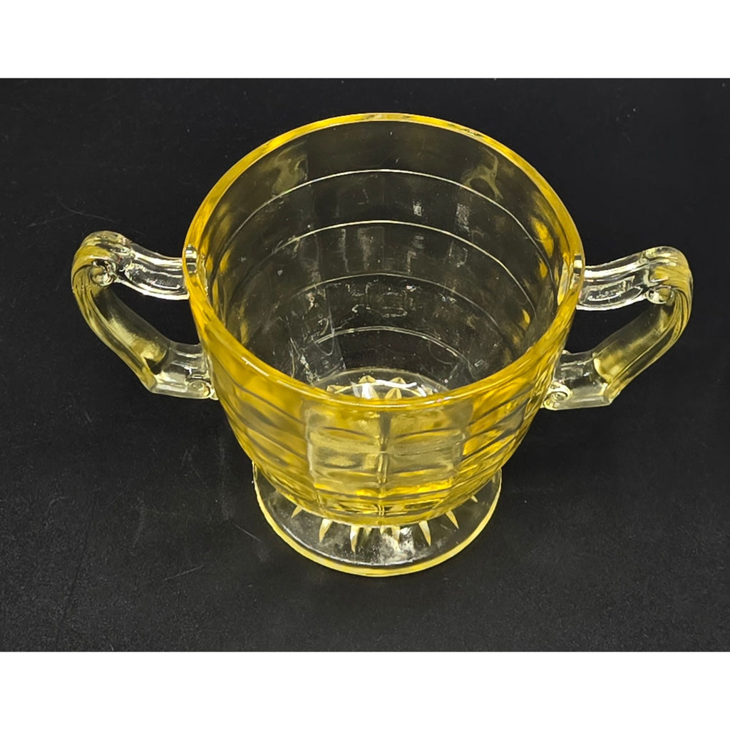 Federal Glass Cubist Vaseline Glass Open Bowl w/ 2 handles, GLOWS Uranium