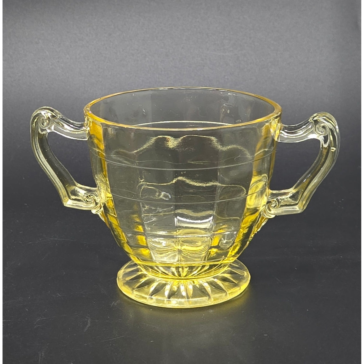 Federal Glass Cubist Vaseline Glass Open Bowl w/ 2 handles, GLOWS Uranium