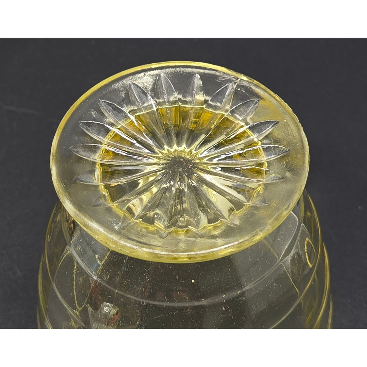 Federal Glass Cubist Vaseline Glass Open Bowl w/ 2 handles, GLOWS Uranium