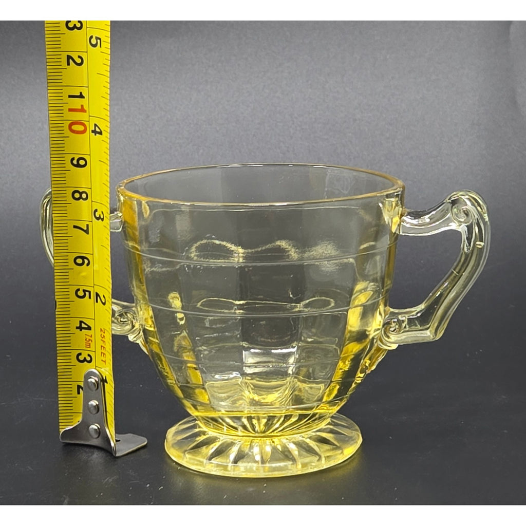 Federal Glass Cubist Vaseline Glass Open Bowl w/ 2 handles, GLOWS Uranium
