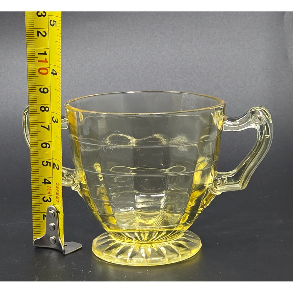 Federal Glass Cubist Vaseline Glass Open Bowl w/ 2 handles, GLOWS Uranium