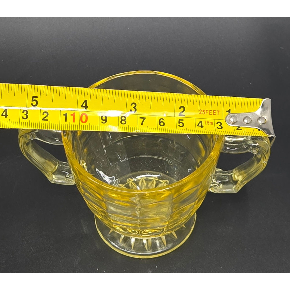Federal Glass Cubist Vaseline Glass Open Bowl w/ 2 handles, GLOWS Uranium