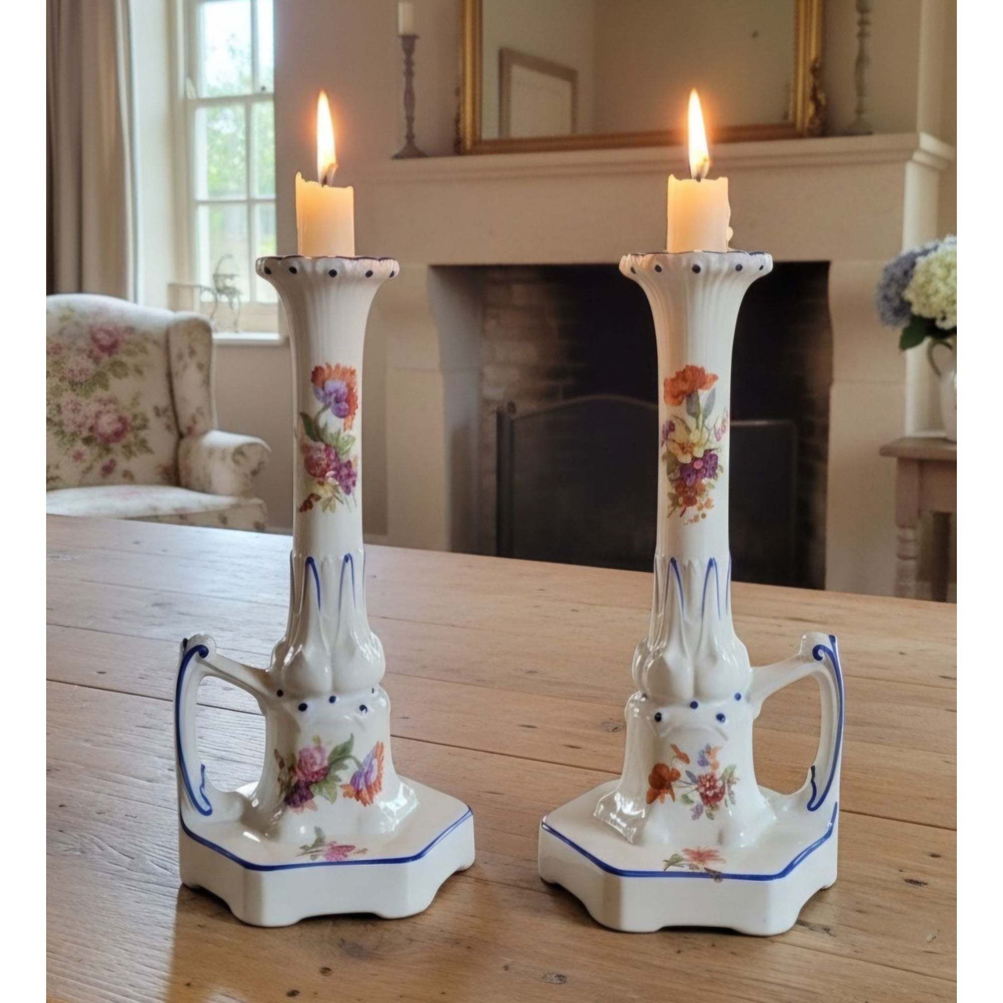 1940s Ornate Czech ceramic candleholders with beautiful flowers & handles