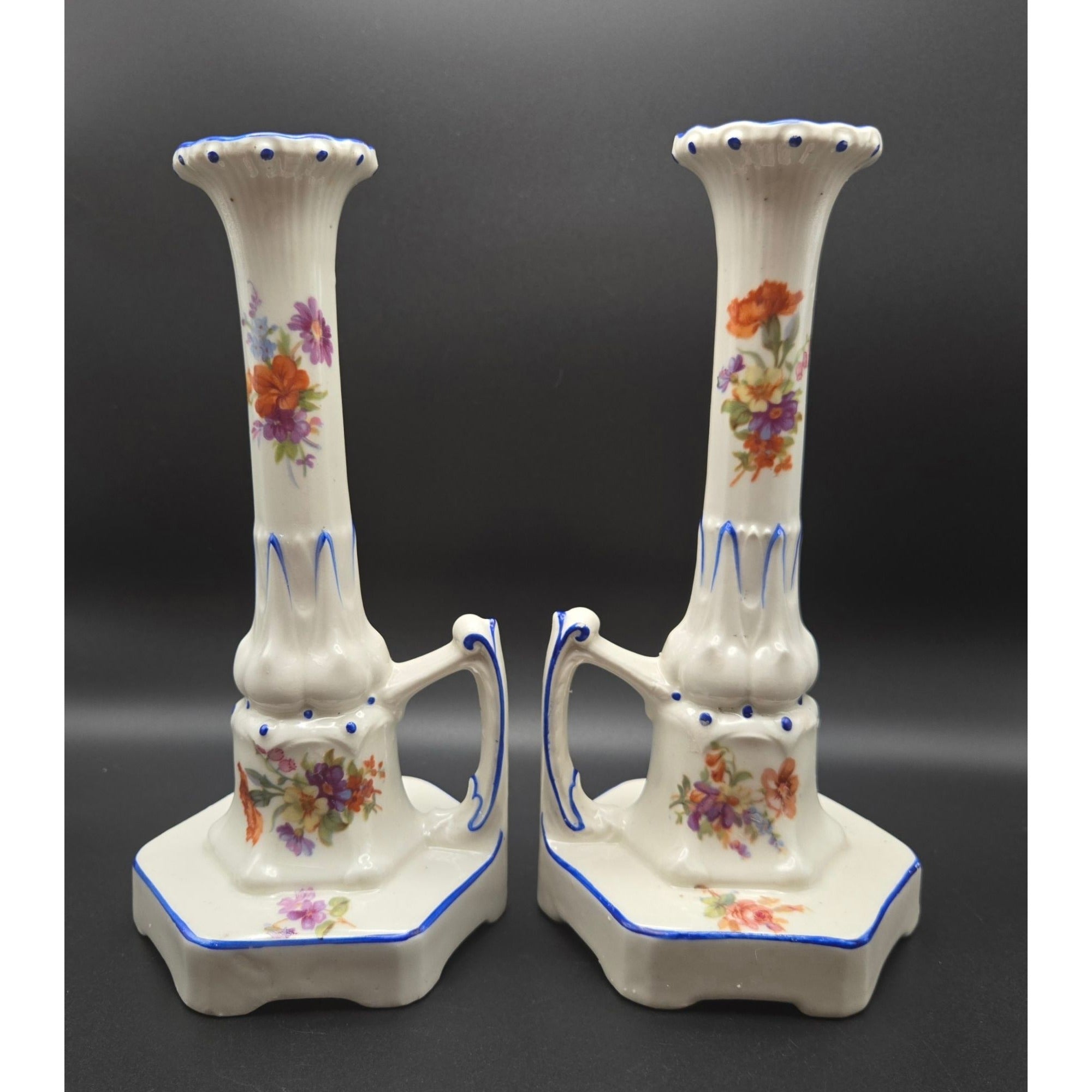 1940s Ornate Czech ceramic candleholders with beautiful flowers & handles