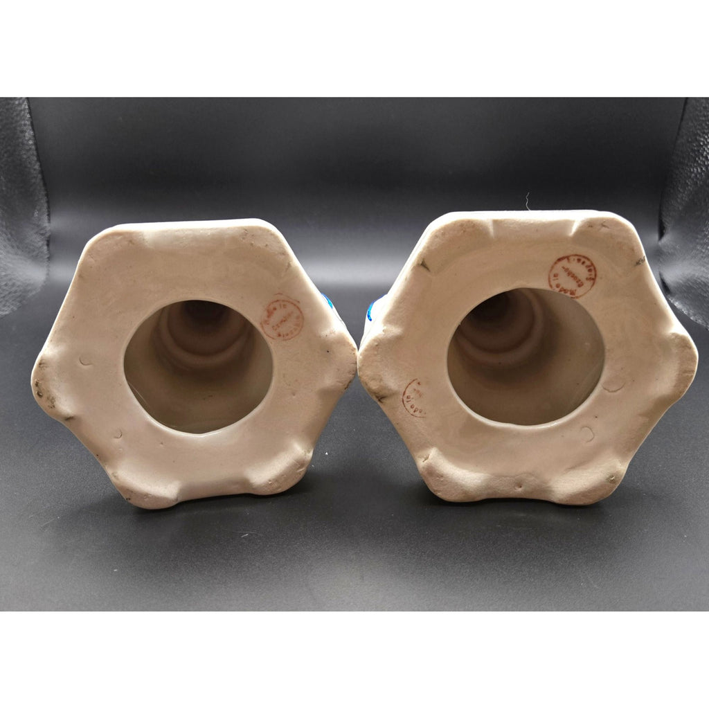 1940s Ornate Czech ceramic candleholders with beautiful flowers & handles