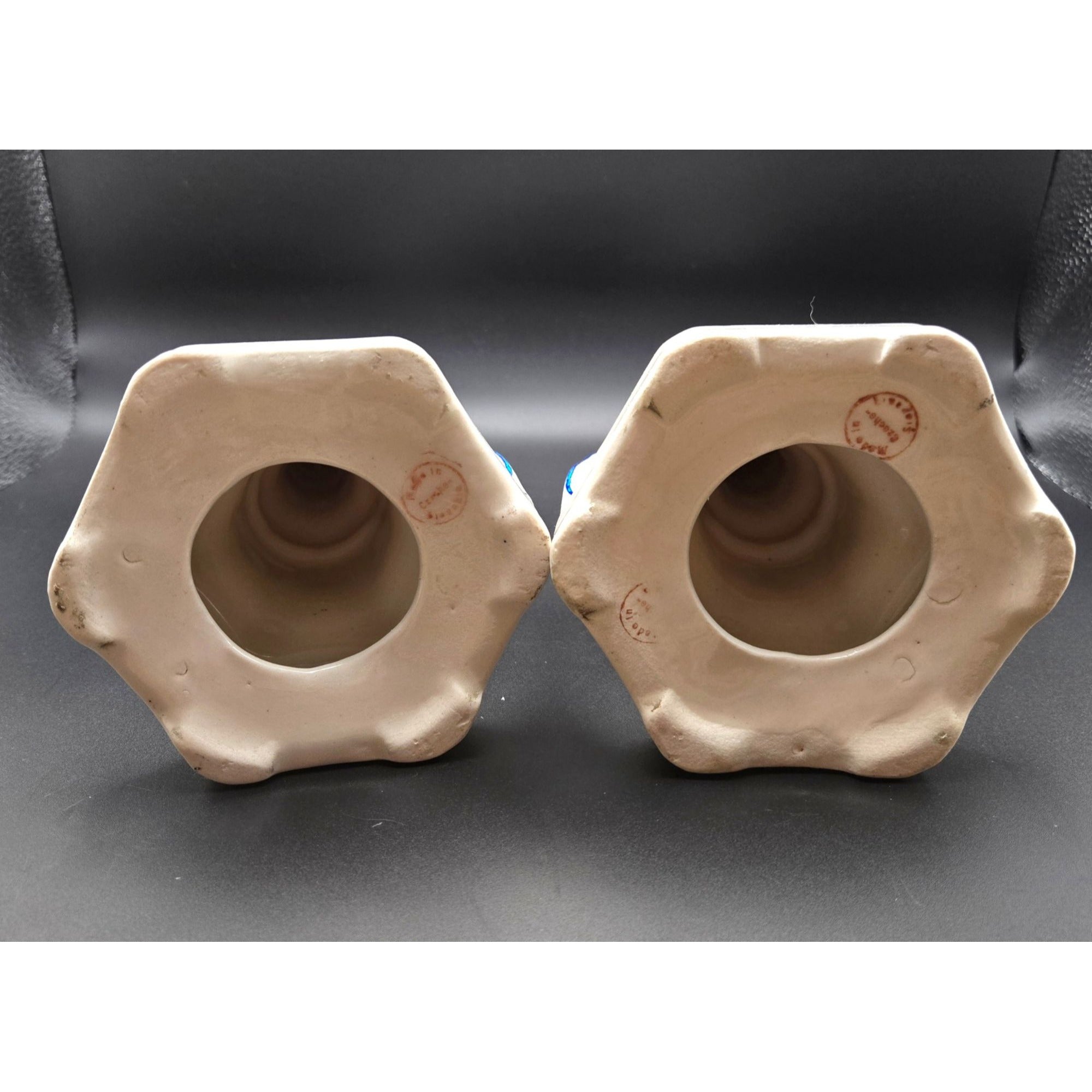 1940s Ornate Czech ceramic candleholders with beautiful flowers & handles