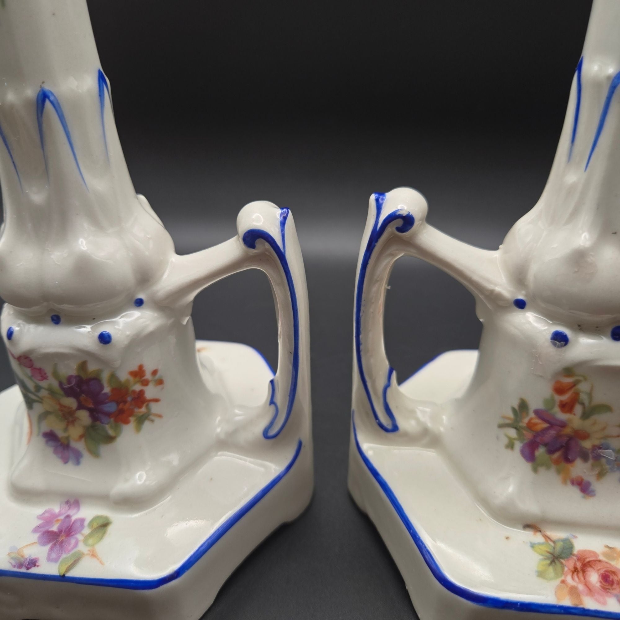1940s Ornate Czech ceramic candleholders with beautiful flowers & handles