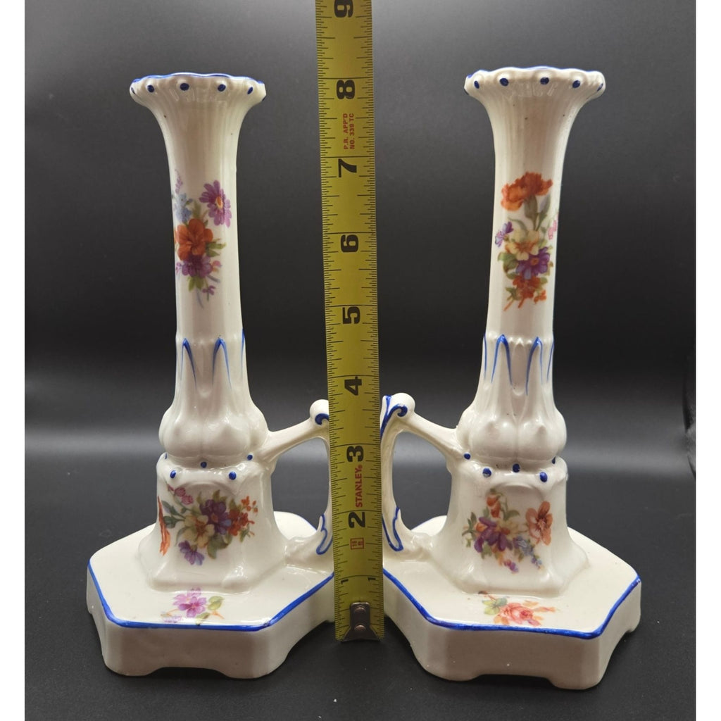 1940s Ornate Czech ceramic candleholders with beautiful flowers & handles
