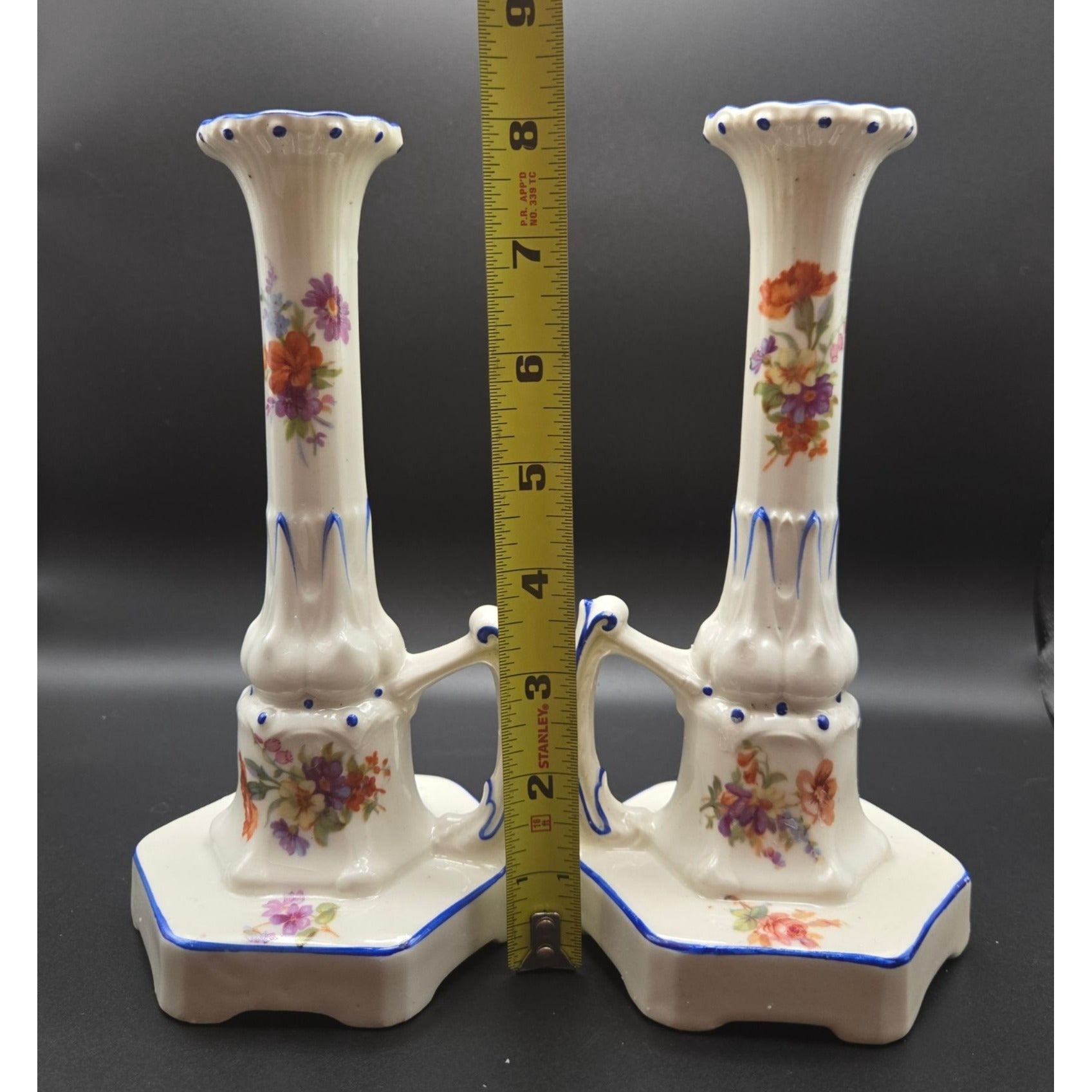 1940s Ornate Czech ceramic candleholders with beautiful flowers & handles