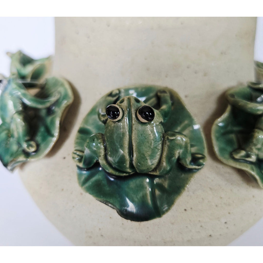 Large Majolica Pottery Frog Vase With Several Frogs & Lilypad Details