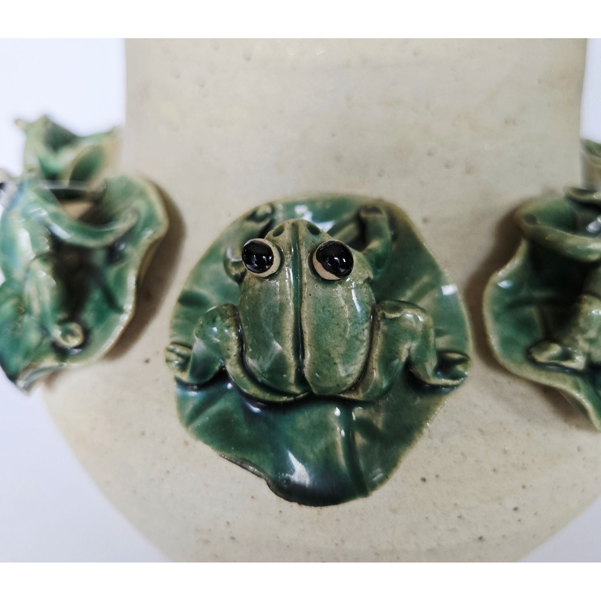Large Majolica Pottery Frog Vase With Several Frogs & Lilypad Details
