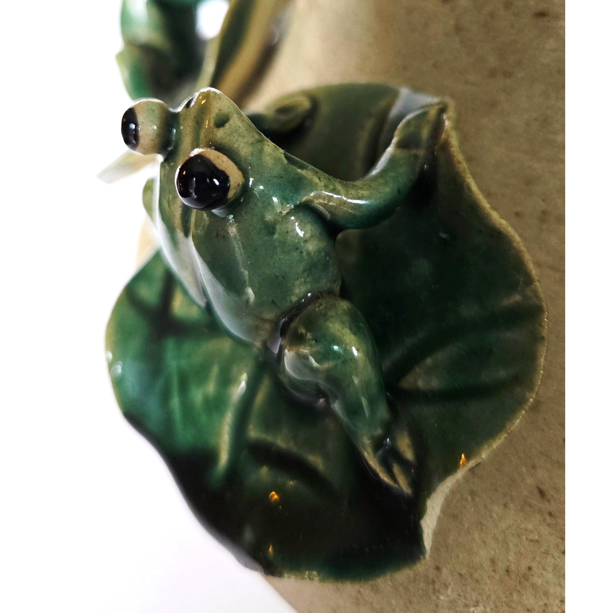 Large Majolica Pottery Frog Vase With Several Frogs & Lilypad Details