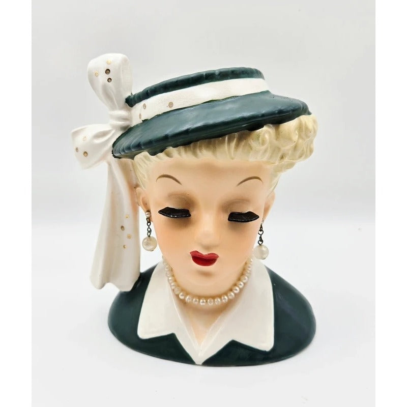 1950s Napco Lady Head Vase Green and Peach Very Good Condition