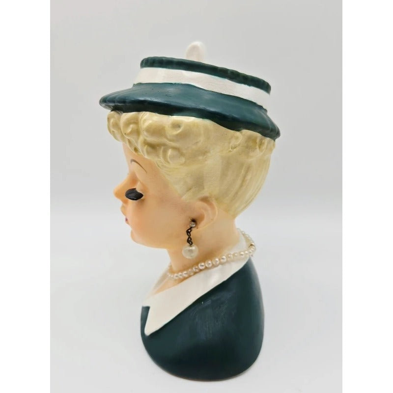 1950s Napco Lady Head Vase Green and Peach Very Good Condition