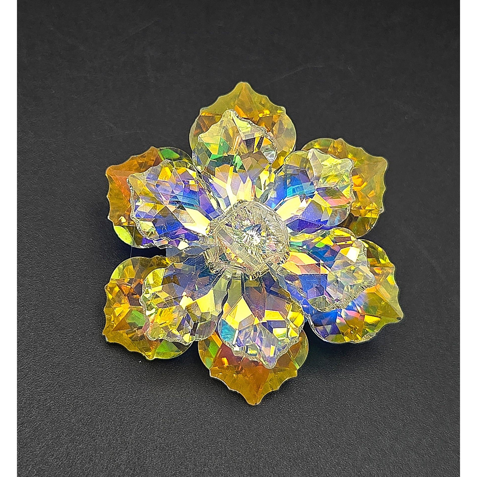 Vintage Aurora Borealis Crystal Flower Brooch Pin Yellow Iridescent Faceted Design 2 Inches
