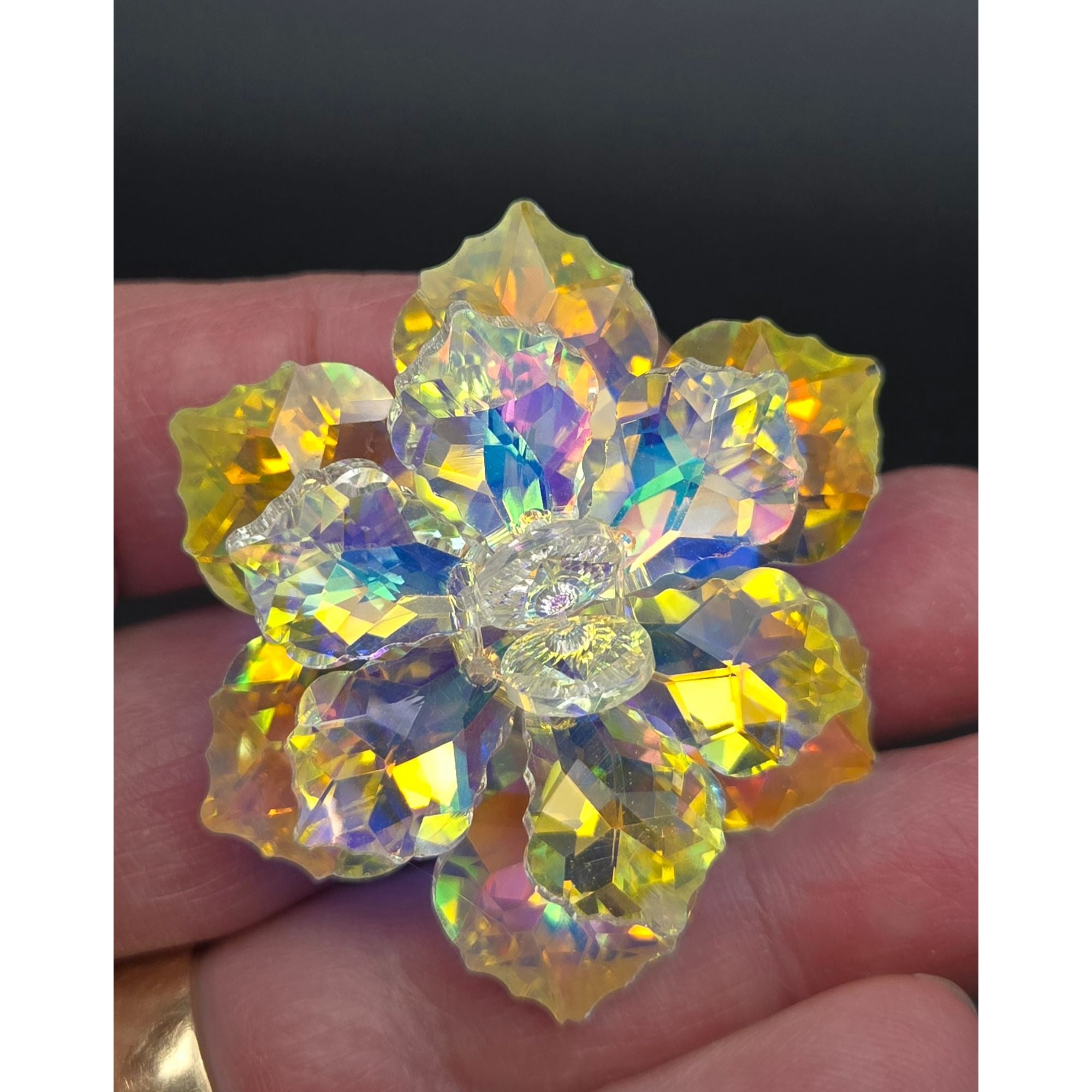Vintage Aurora Borealis Crystal Flower Brooch Pin Yellow Iridescent Faceted Design 2 Inches