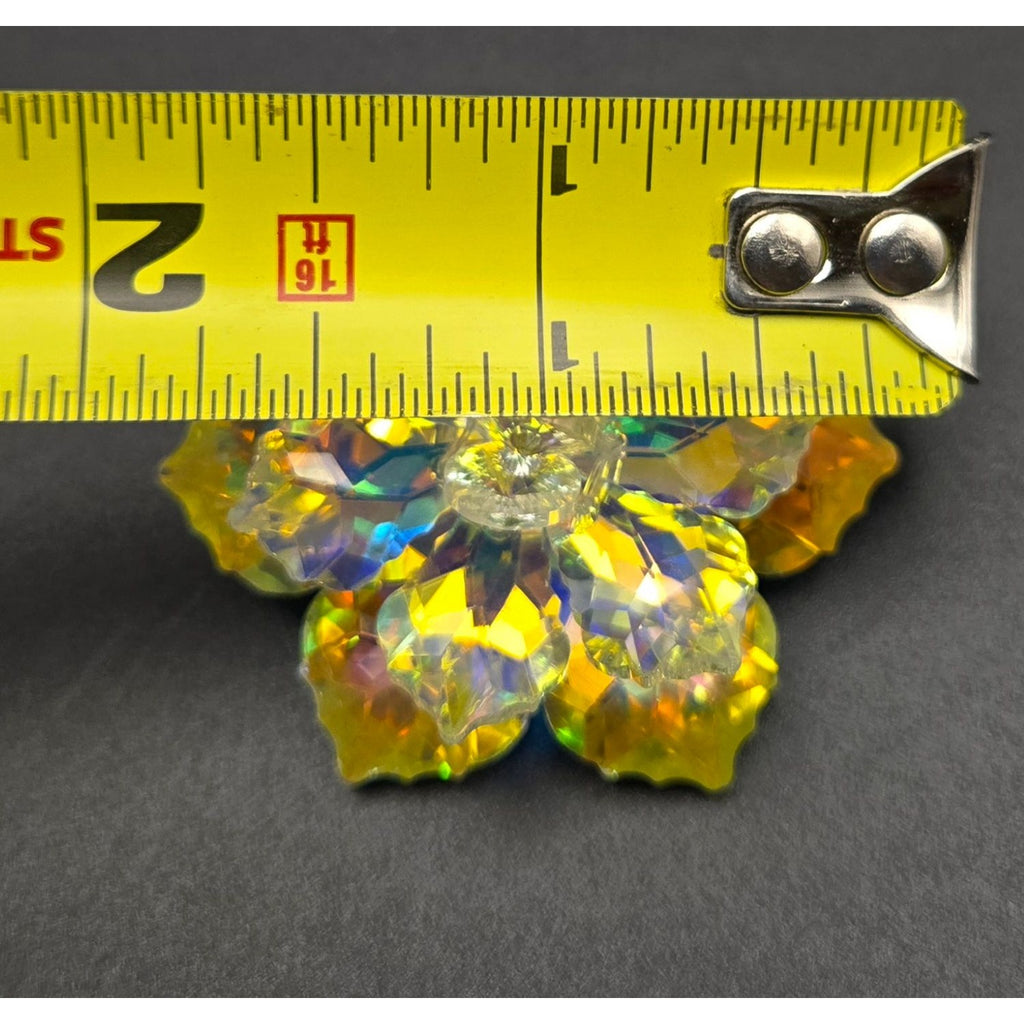 Vintage Aurora Borealis Crystal Flower Brooch Pin Yellow Iridescent Faceted Design 2 Inches