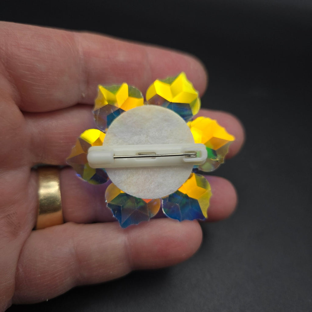 Vintage Aurora Borealis Crystal Flower Brooch Pin Yellow Iridescent Faceted Design 2 Inches