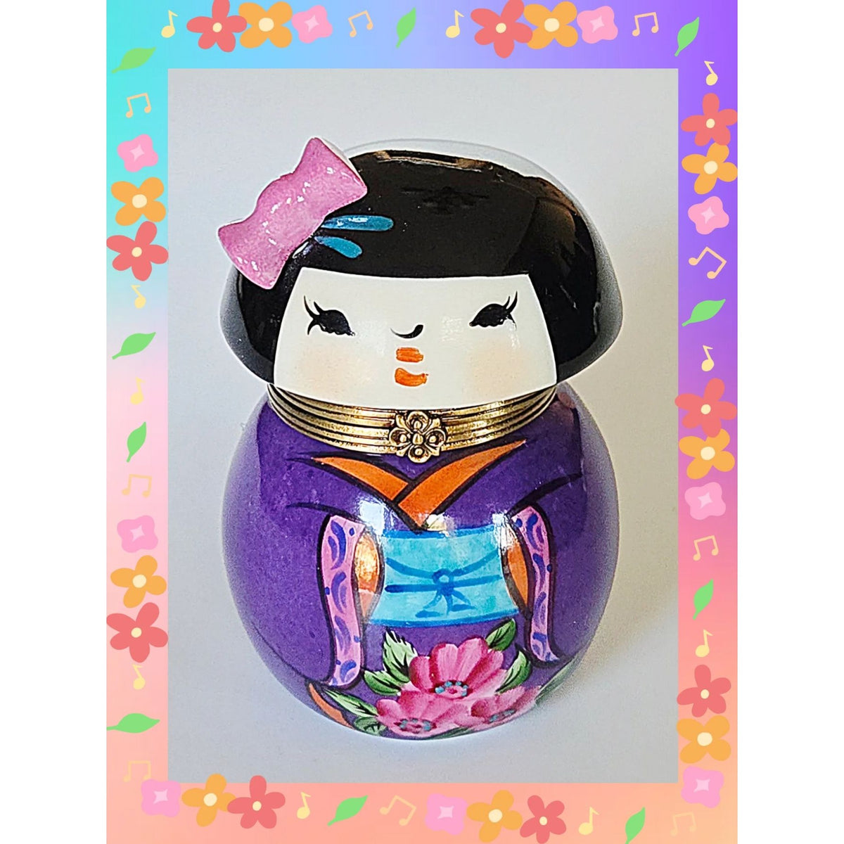 Hand-Painted Limoges Peint Mein Porcelain Kokeshi Geisha Doll Floral Purple Trinket Box