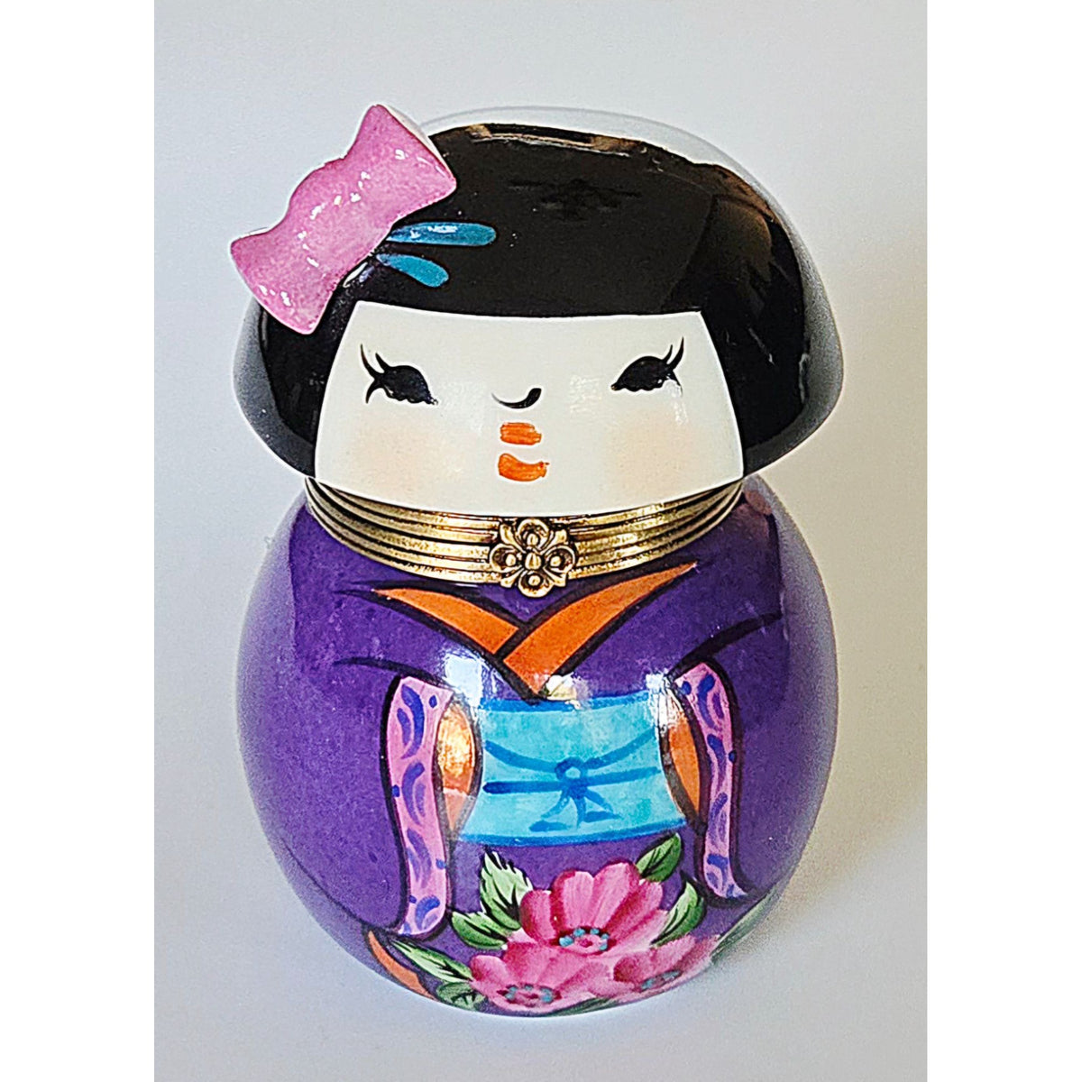 Hand-Painted Limoges Peint Mein Porcelain Kokeshi Geisha Doll Floral Purple Trinket Box
