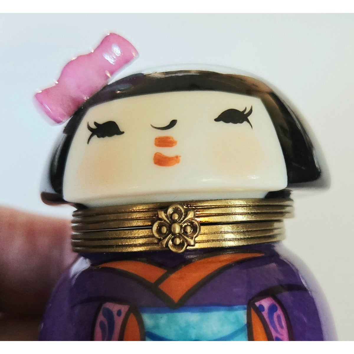 Hand-Painted Limoges Peint Mein Porcelain Kokeshi Geisha Doll Floral Purple Trinket Box