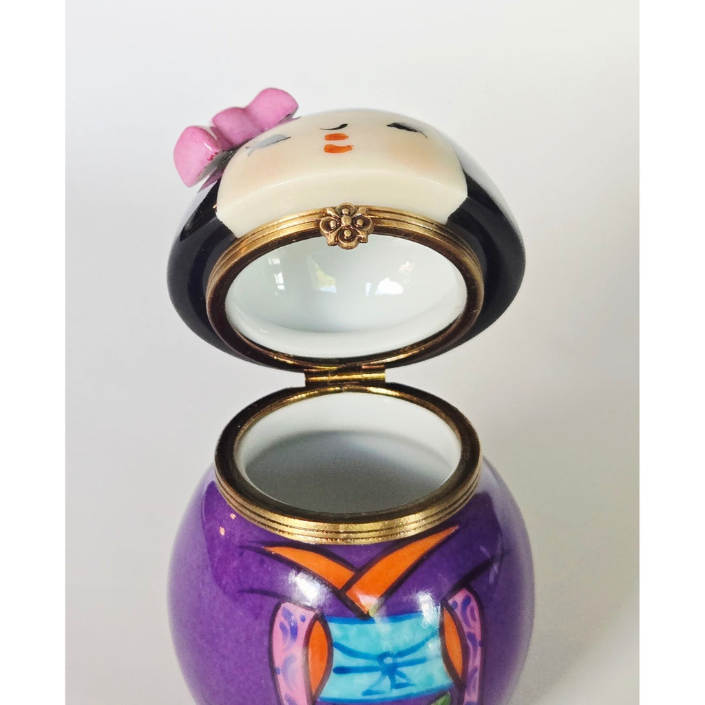 Hand-Painted Limoges Peint Mein Porcelain Kokeshi Geisha Doll Floral Purple Trinket Box
