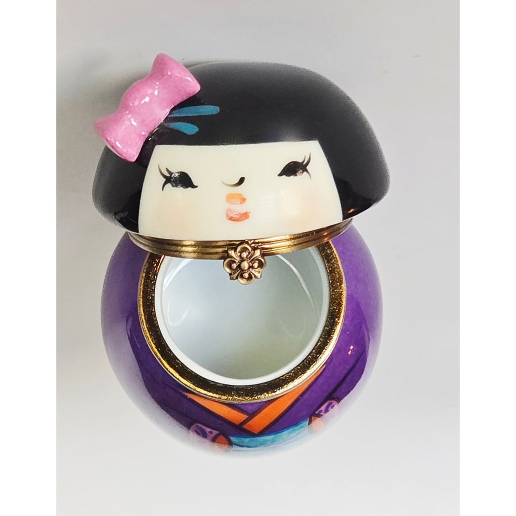 Hand-Painted Limoges Peint Mein Porcelain Kokeshi Geisha Doll Floral Purple Trinket Box