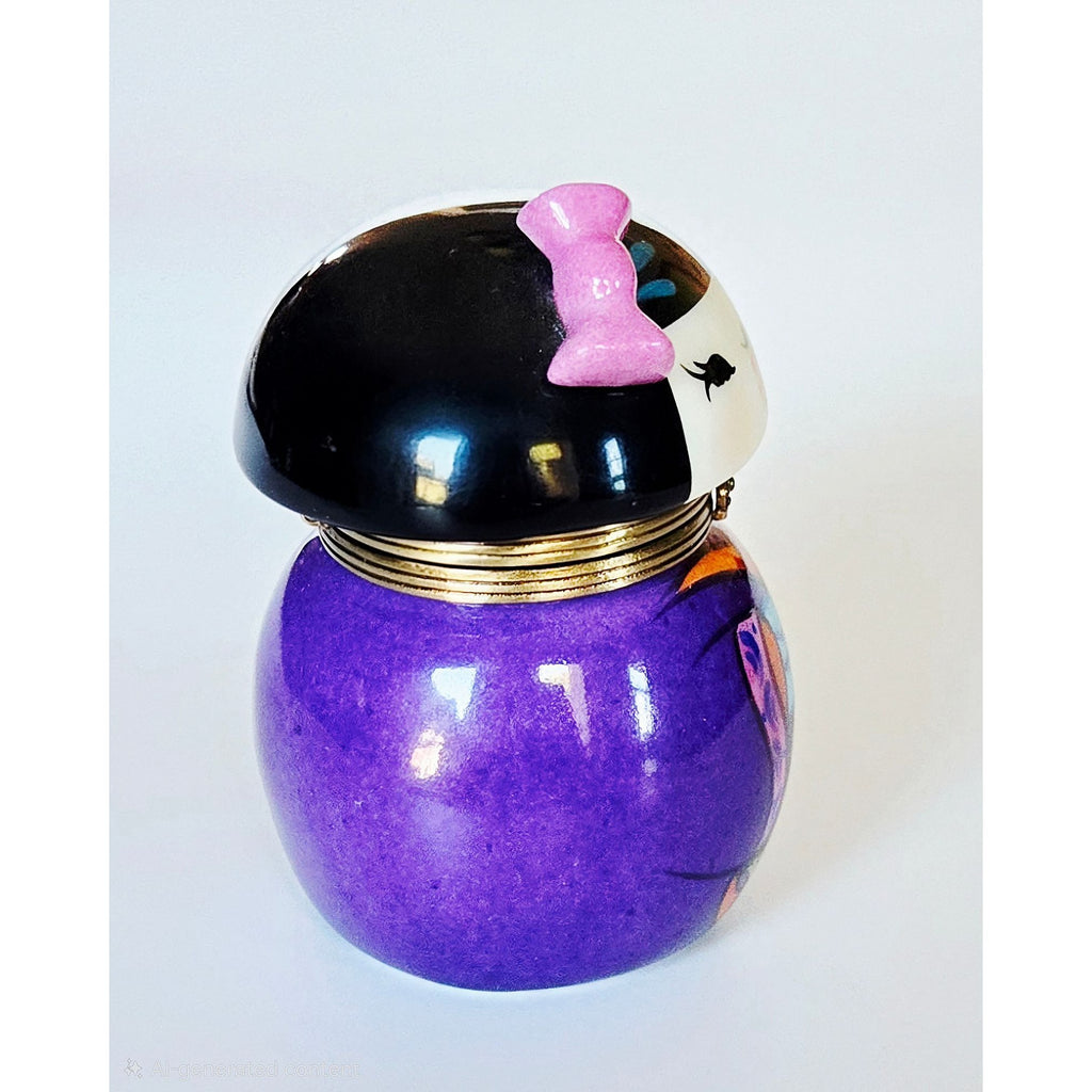 Hand-Painted Limoges Peint Mein Porcelain Kokeshi Geisha Doll Floral Purple Trinket Box