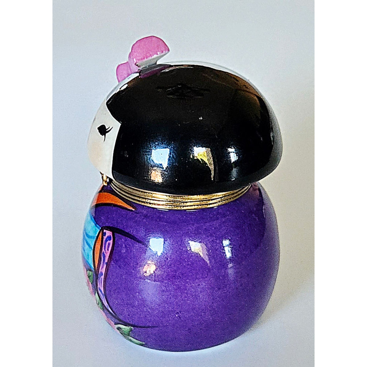 Hand-Painted Limoges Peint Mein Porcelain Kokeshi Geisha Doll Floral Purple Trinket Box