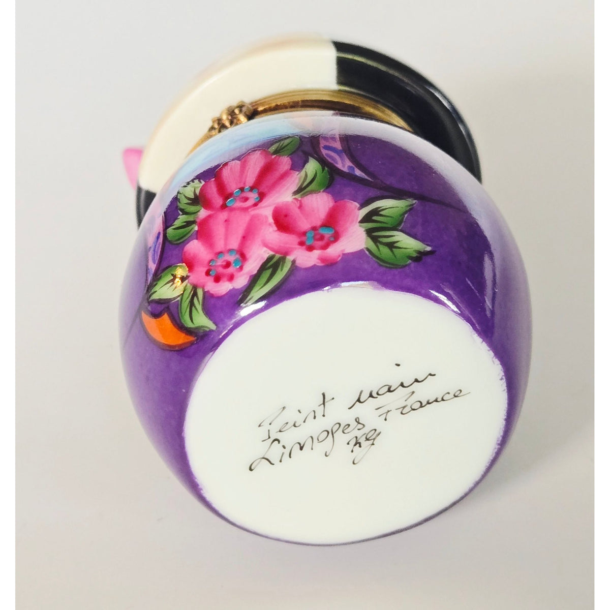 Hand-Painted Limoges Peint Mein Porcelain Kokeshi Geisha Doll Floral Purple Trinket Box