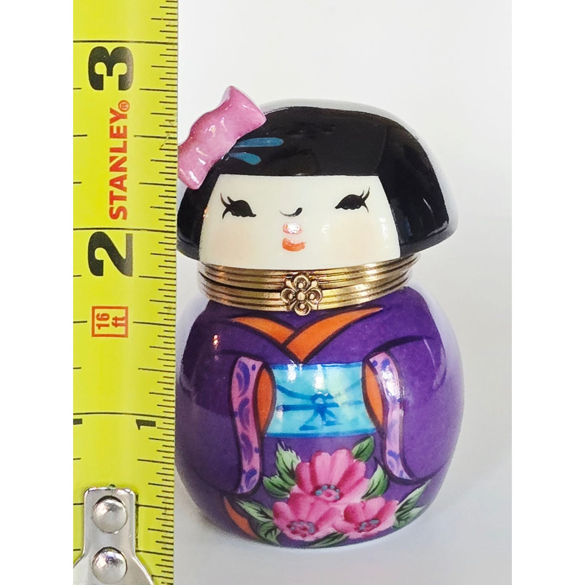 Hand-Painted Limoges Peint Mein Porcelain Kokeshi Geisha Doll Floral Purple Trinket Box