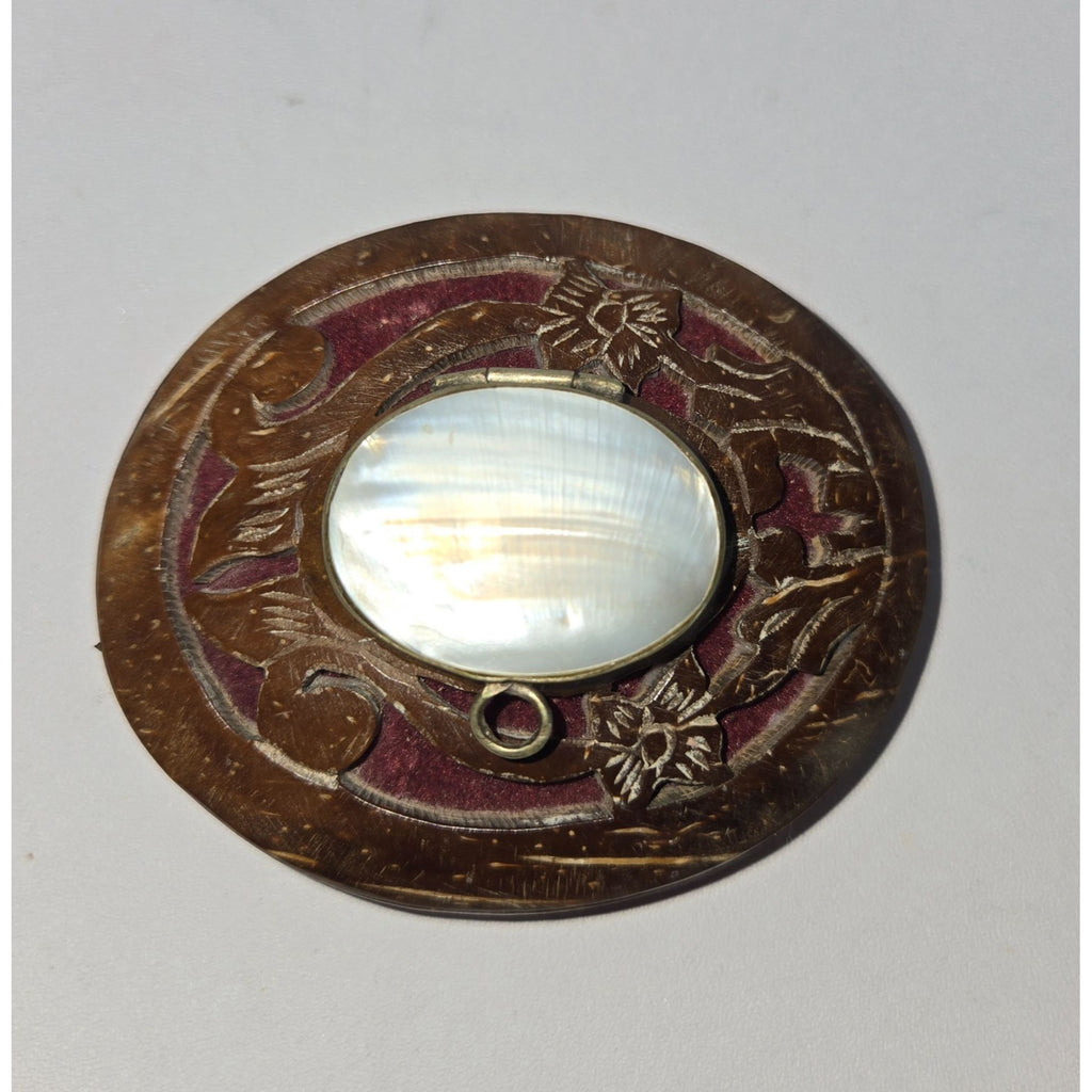 Antique Carved Snuff Box Coconute Shell and Mother of Pearl hinged Lid