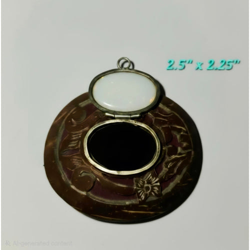 Antique Carved Snuff Box Coconute Shell and Mother of Pearl hinged Lid