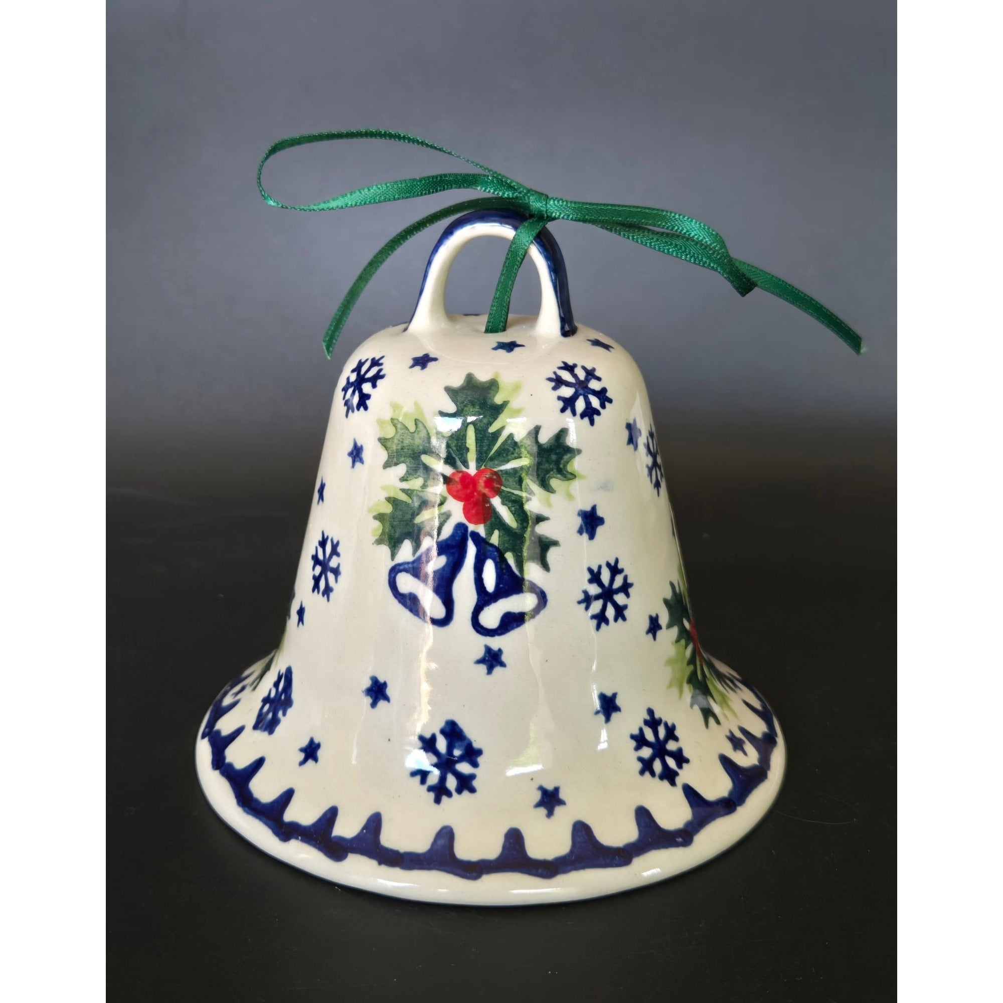 New Polish Pottery Bell Holly & Snowflake Design, Christmas Decoration