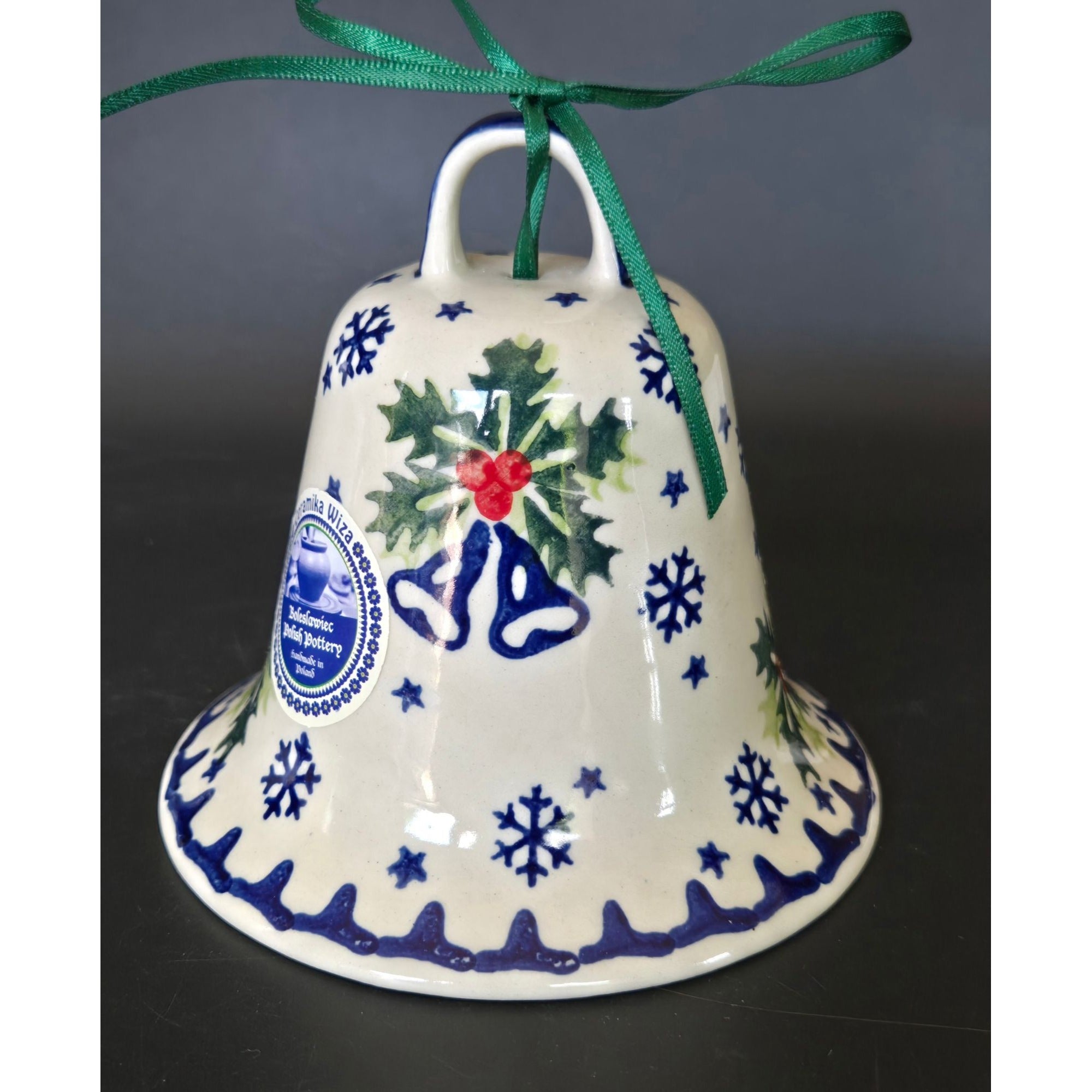 New Polish Pottery Bell Holly & Snowflake Design, Christmas Decoration