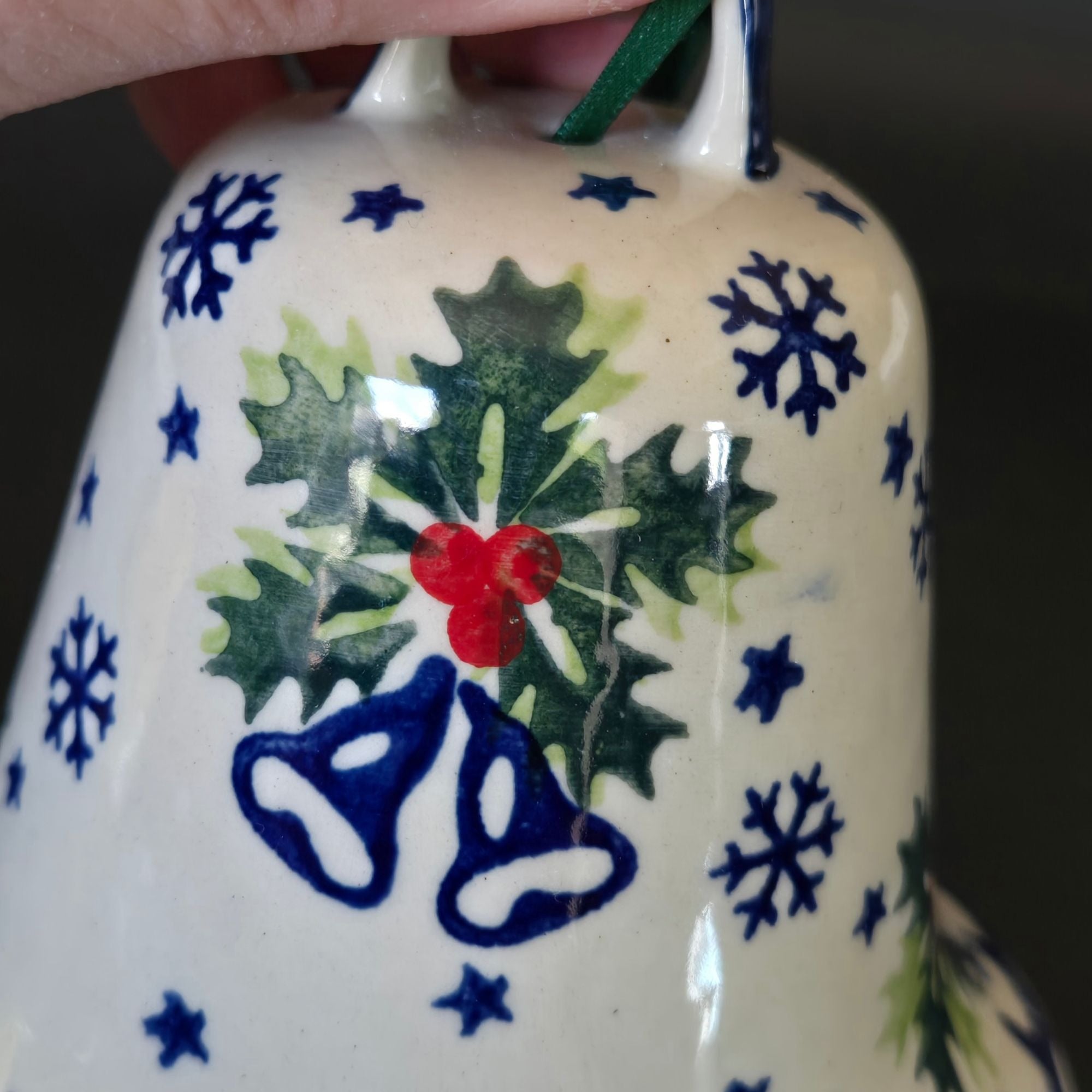 New Polish Pottery Bell Holly & Snowflake Design, Christmas Decoration