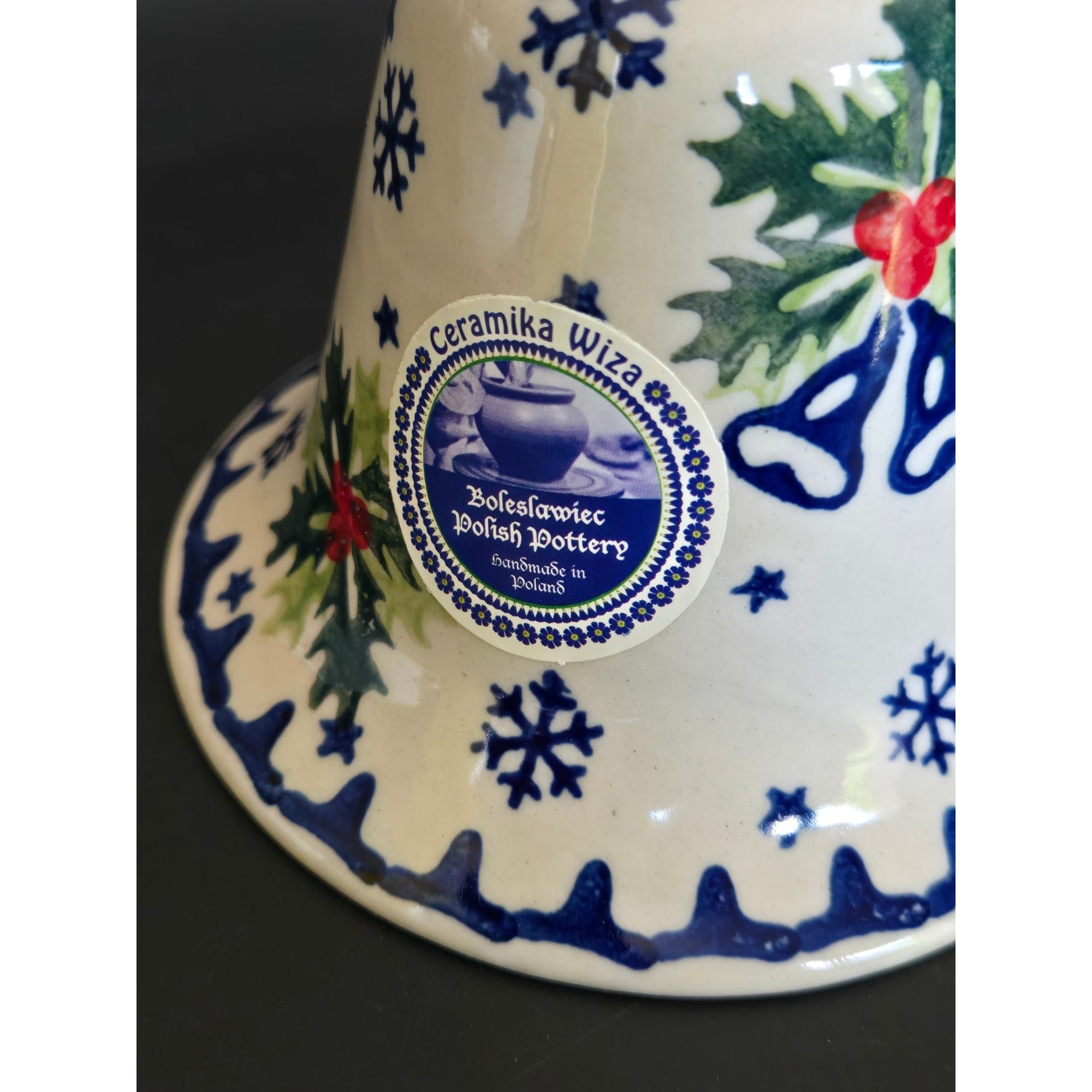 New Polish Pottery Bell Holly & Snowflake Design, Christmas Decoration