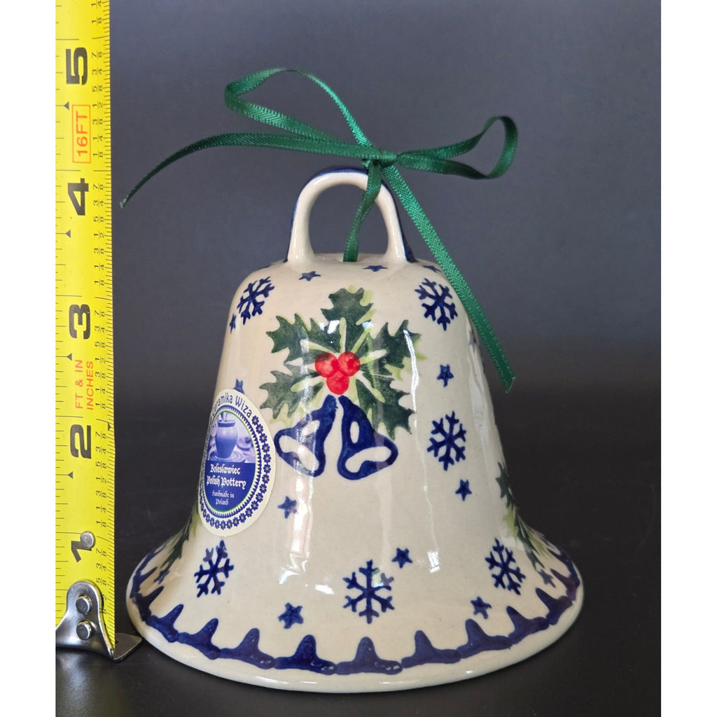 New Polish Pottery Bell Holly & Snowflake Design, Christmas Decoration