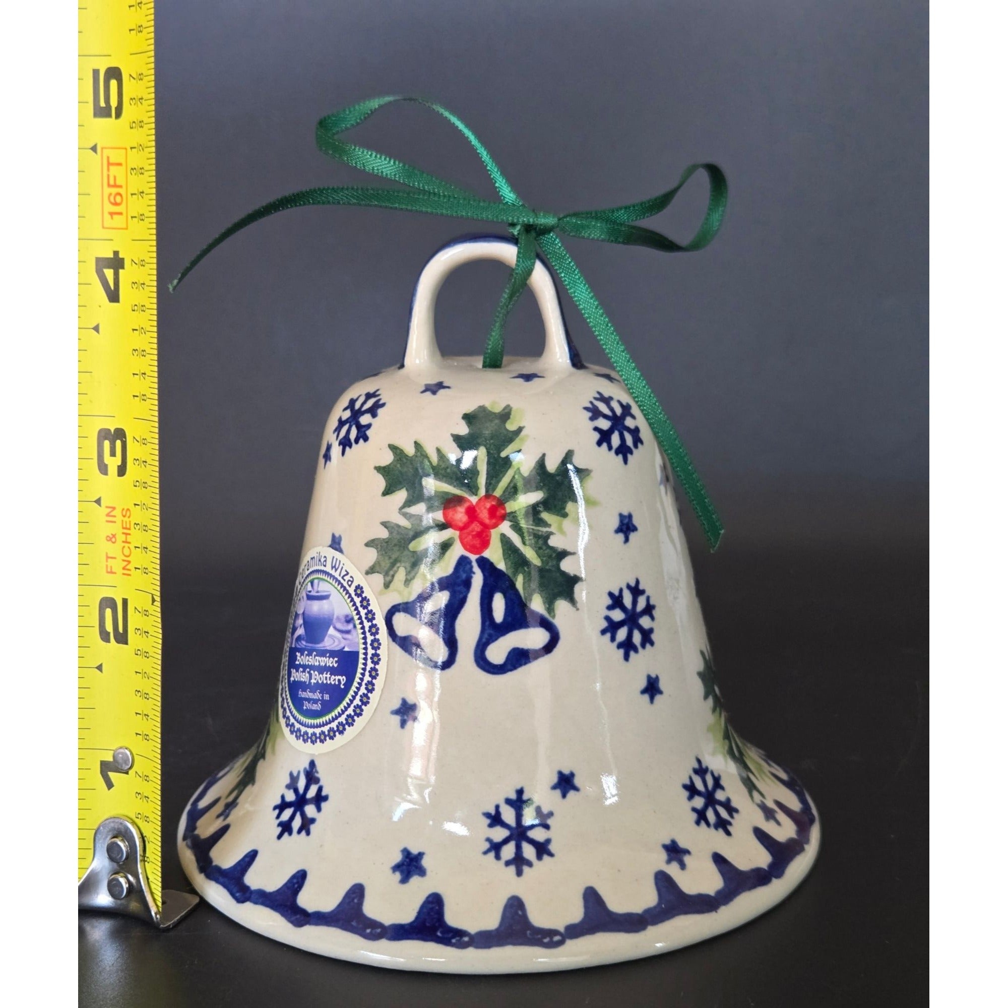 New Polish Pottery Bell Holly & Snowflake Design, Christmas Decoration