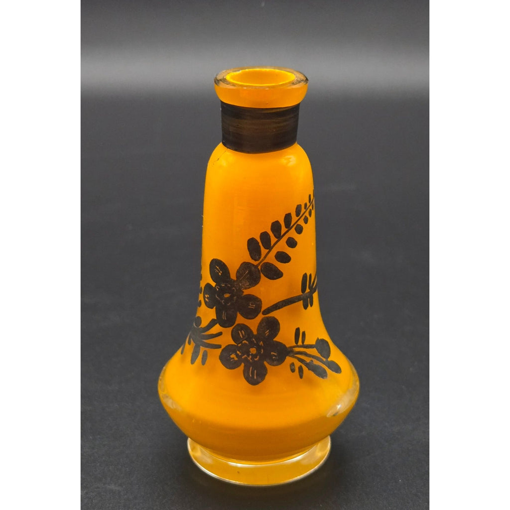 Hand-Painted Tango Czech Orange Glass MINI Bud Vase, Black Floral Design - 3" Harrach?
