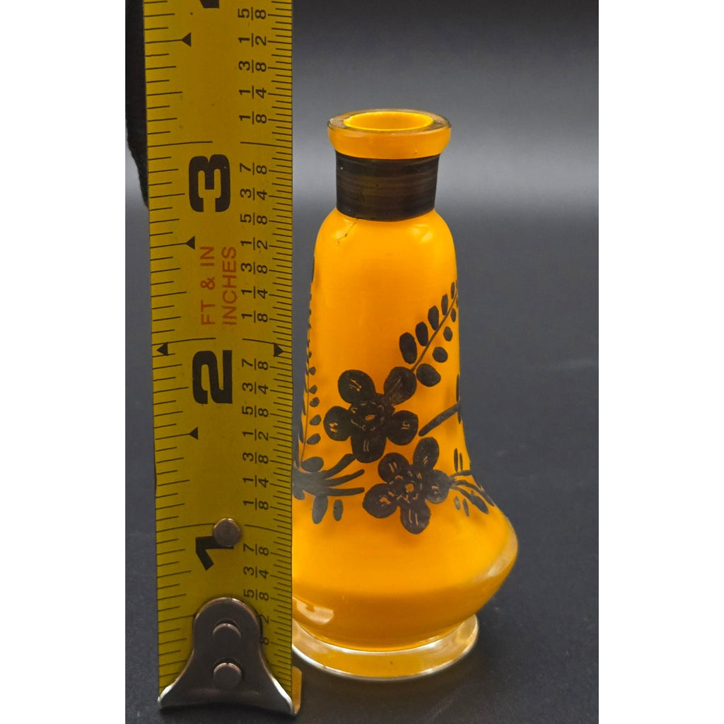 Hand-Painted Tango Czech Orange Glass MINI Bud Vase, Black Floral Design - 3" Harrach?