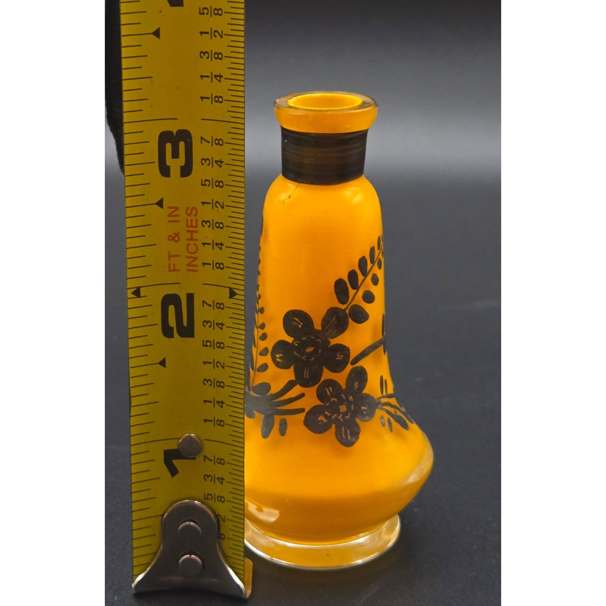 Hand-Painted Tango Czech Orange Glass MINI Bud Vase, Black Floral Design - 3" Harrach?