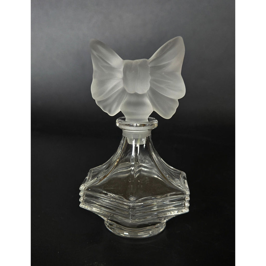 Vintage Glass Perfume Bottle With Frosted Bow Stopper Hexagonal Base 4 Inches Tall