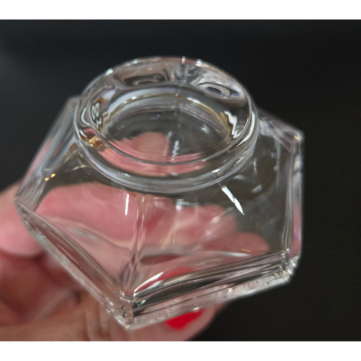 Vintage Glass Perfume Bottle With Frosted Bow Stopper Hexagonal Base 4 Inches Tall